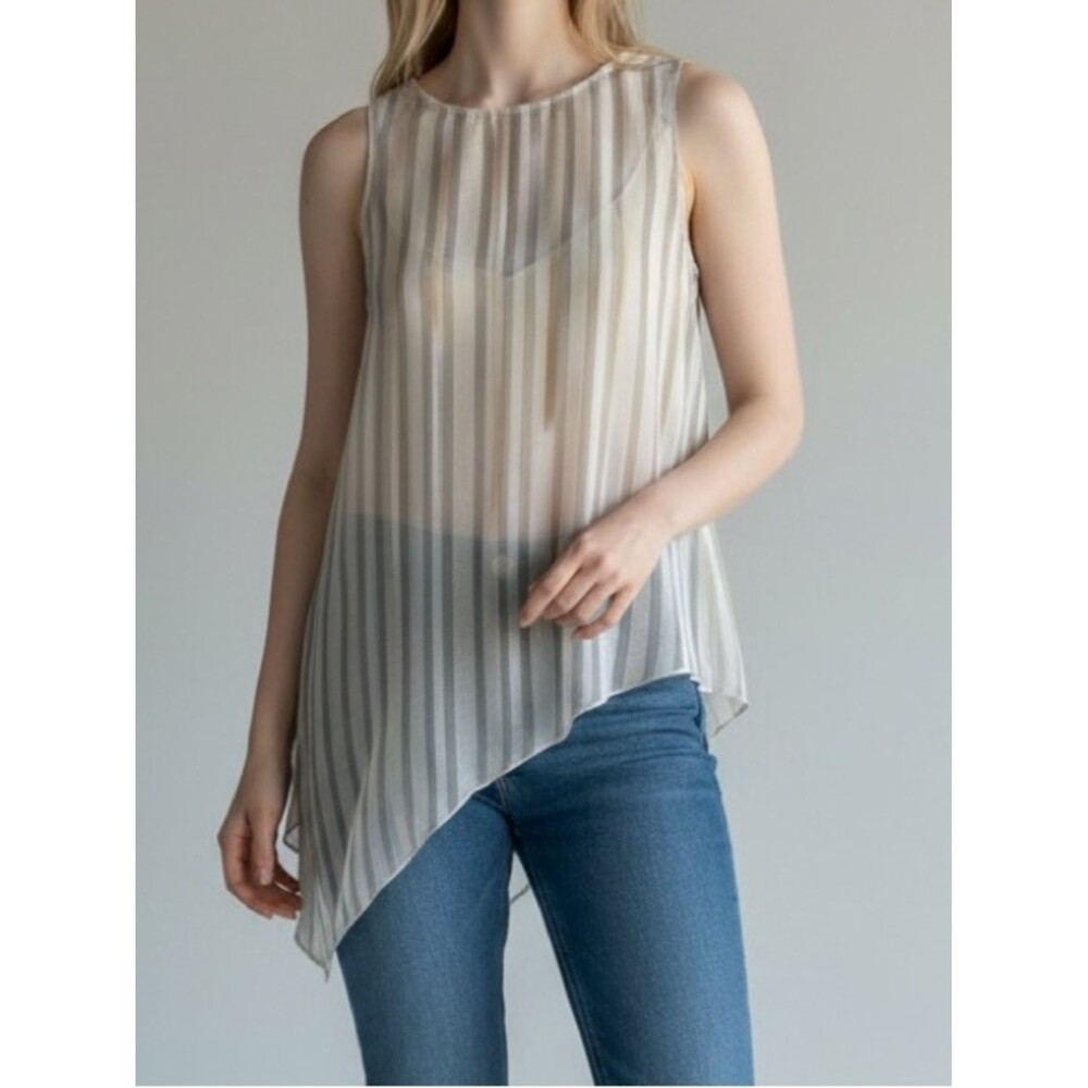 White House Black Market Women's Striped Sheer Chiffon Sleeveless Sharkbite Hem